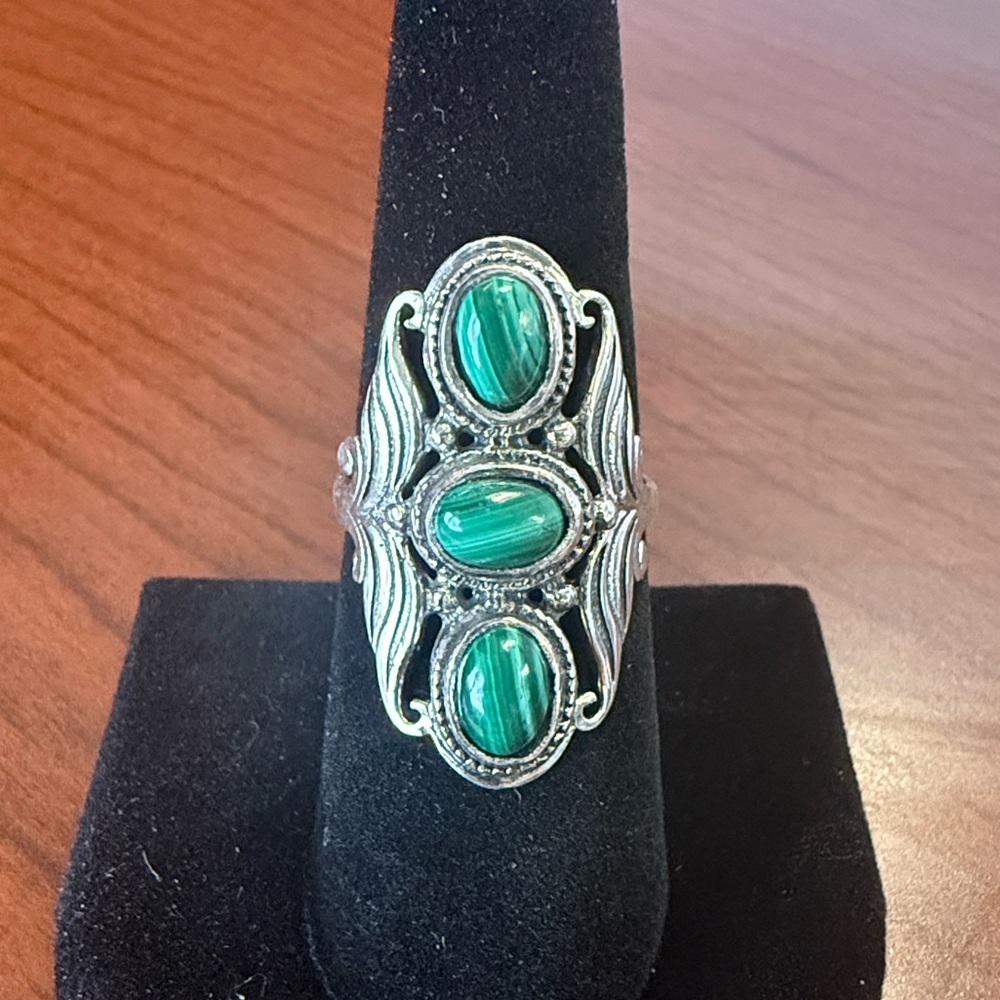 New 925 Sterling Silver Malachite 3 Stone Ring - Size 7.5